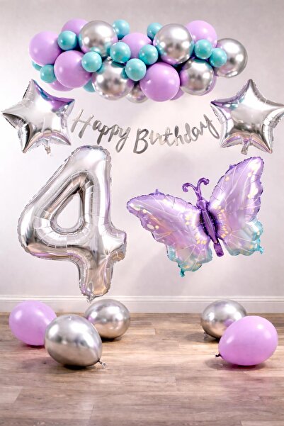 Patladı Gitti Lilac Butterfly Themed 4Th Birthday Balloon Decoration Set – Li...