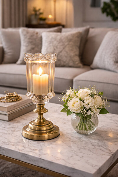 Arma House Cam Şamdan Mumluk – Dekoratif Gold Ayaklı Şeffaf Cam Mumluk Salon,...