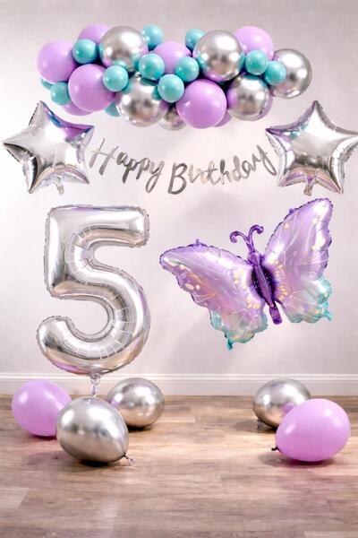Patladı Gitti Lilac Butterfly Themed 5Th Birthday Balloon Decoration Set – Li...