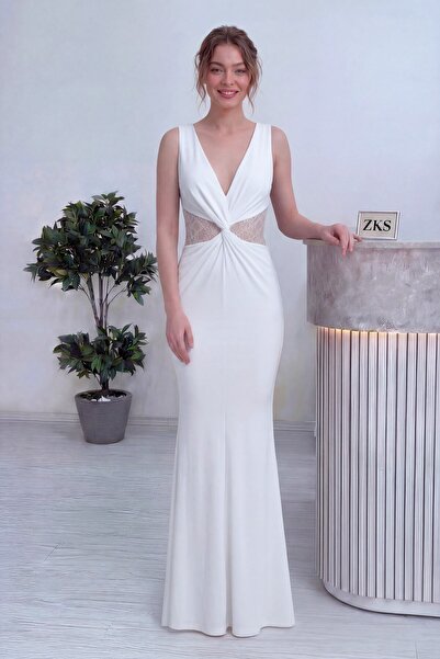 zks grup tekstil Women's Front Knot Lace Detailed Evening Dress Black, White