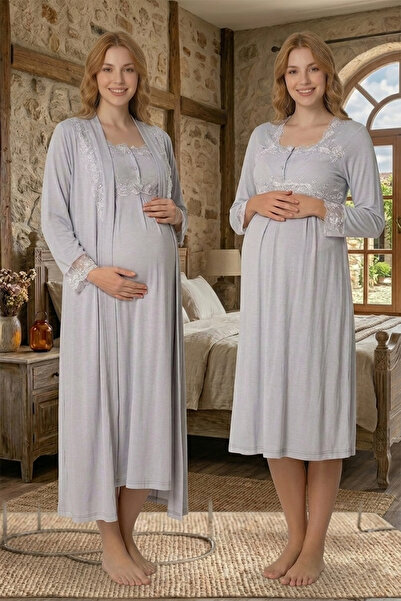 lohusahamile Комплект нощница от памук с дантелена нагръдница за бременни и р...