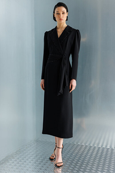 Moda İlgi Women's Double-Breasted Collar Bead Detailed Long Dress 0098 Black