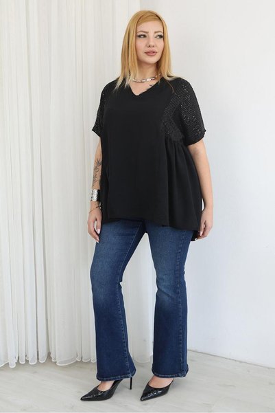 Siyezen Plus Size Sequin Embroidered Side Detail P Pleated Blouse
