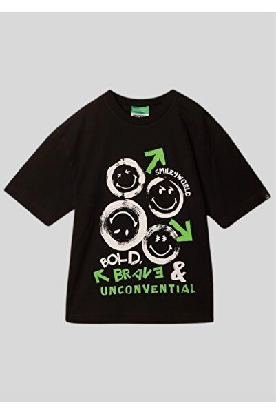 Benetton Smileyworld Collection: Black Graphic Printed Kids' T-Shirt