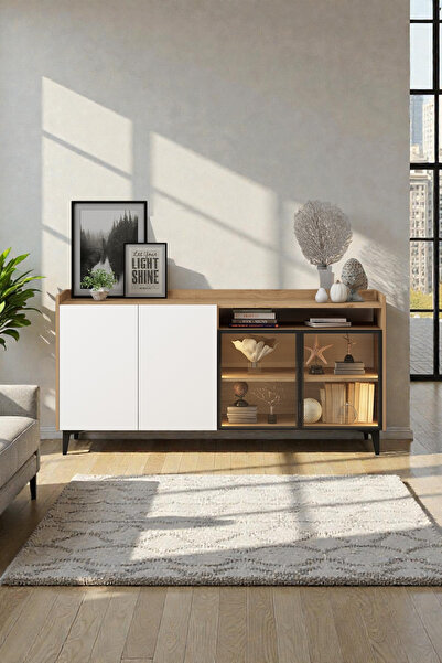 Avmpark Roma Konsol Cam Kapaklı Led Işıklı Raflı Yemek Odası Salon Mobilyası ...