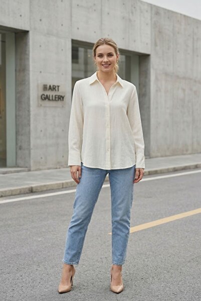 Lupinn Women's Ecru Classic Regular Fit Long Sleeve Buttoned Woven Shirt – Wo...