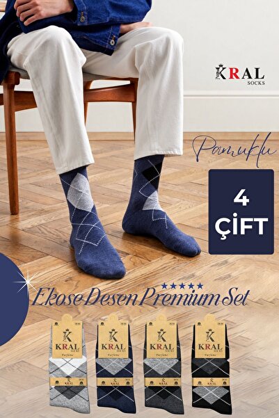 KRAL SOCKS 4-Pair Men's Cotton-Piece Sock Set with Plaid Patterns Premium Socks