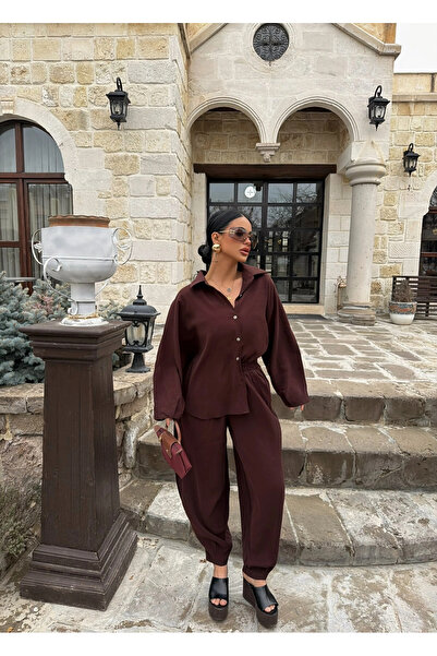 kırmızı butiks Καφέ Πουκάμισο Modal και Παντελόνι - Σετ Δύο Τεμαχίων
