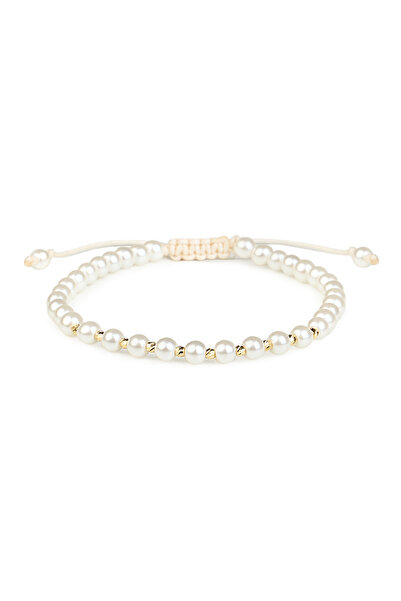 One Gold Bracelet with 10 beads 14K Gold "585" and White Pearls, adjustable