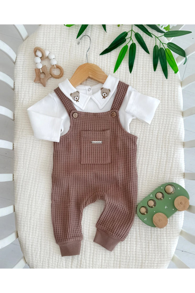 hümabebe Yakada Teddy Bear Embroidery Detailed Waffle Overalls 2-Piece Set