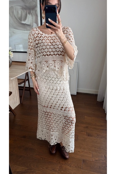 BRTC design Women's Beige Full Lace Embroidered Flared Skirt