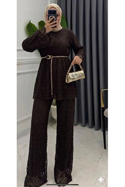 onlymoon Full Lace Fabric Lined Hijab Top and Bottom Set |   Full Mold - Brow...