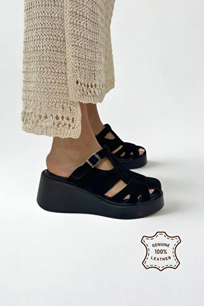 inizio Black Suede Genuine Leather Women's Wedge Heel Slipper Of602