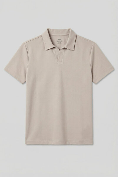 TOMMY LIFE Μπεζ Ανδρικό T-Shirt με λαιμόκοψη Polo Rahat Form Απαλής υφής - 88496