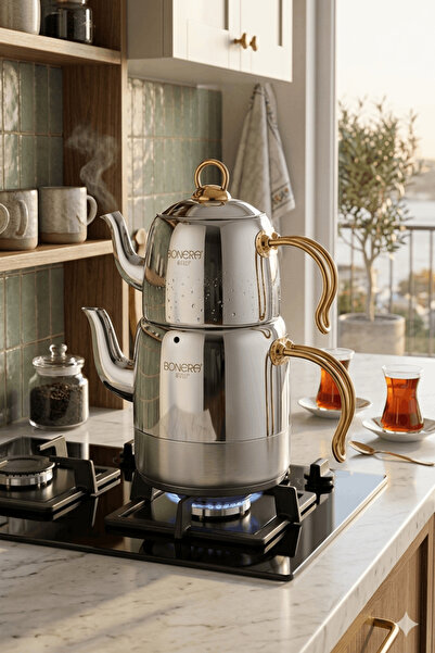 Bonera Vita Medium Size Gol Handle Detailed 4-Piece Stainless Steel Teapot Se...