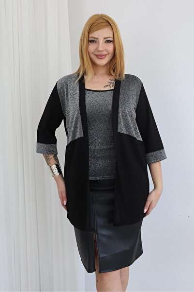 Siyezen Plus Size Silver Blouse and Cardigan Set