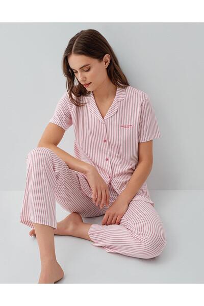 Pierre Cardin Women's Striped Buttoned Short Sleeve Boxed Pajama Set – 50% Co...