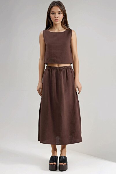 Hiccup Cropped Blouse & Slit Detailed Skirt Muslin Two-Piece Set