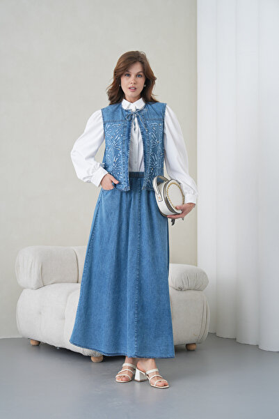 Miss Allos Women's Collarless Tie-Detail Wide Fit Jeans with Embroidery on th...