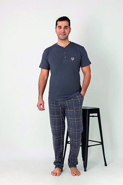 Estiva Men's Checked Alt Patterned Gray Short Sleeve Pajama Set with Patches ...