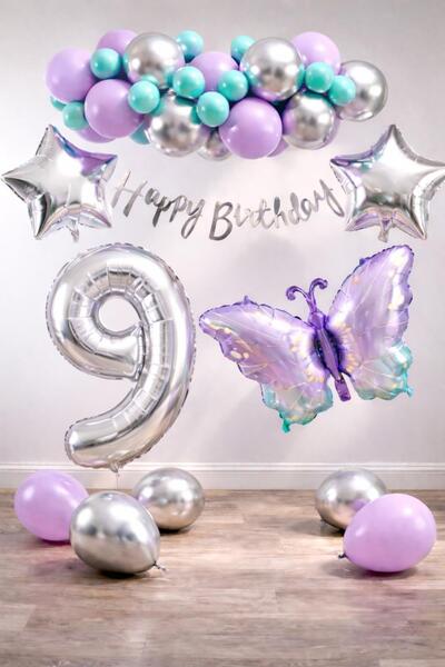 Patladı Gitti Lilac Butterfly Themed 9Th Birthday Balloon Decoration Set – Li...