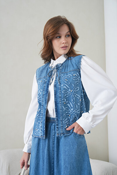 Miss Allos Women's Embroidered Summer Denim Vest Double Set