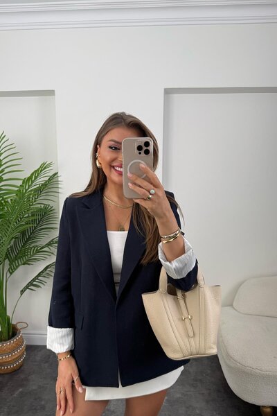 My Blog Navy Blue Striped Lined Linen Blazer Jacket - 9158