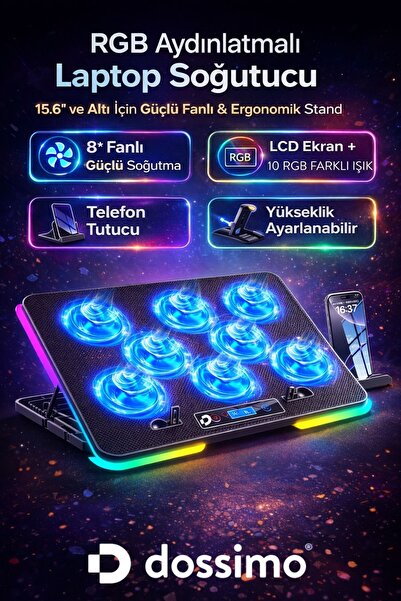 Dossimo Nitro RGB Işıklı 8 Fanlı LCD Göstergeli 2 Usb Girişli Yükselebilen No...