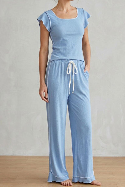 FİT WOMEN Ruffle Detail Wrinkled Fabric Short Sleeve Pajama Set 6022