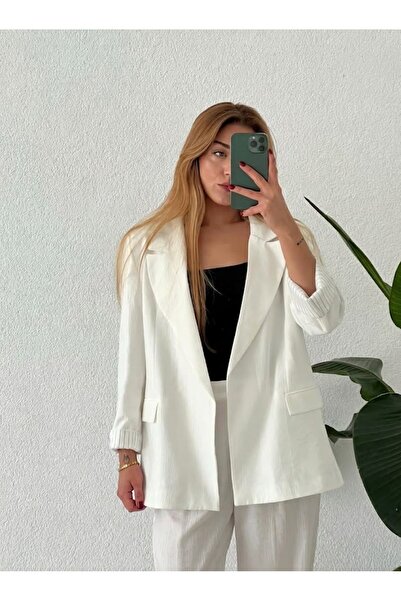 My Blog White Striped Lined Linen Blazer Jacket - 9158