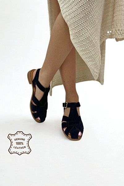 inizio Black Genuine Leather Suede Flat Women's Slipper Of0061