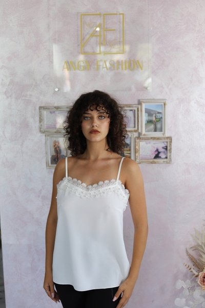 Angy Fashion "Pearl Lace Dream" Top with Thin Straps and Embroidere...