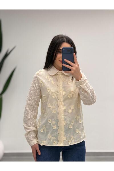 MARGA Embossed Floral Print Shirt Beige