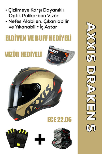 AXXIS Draken S Gear A9 / Mat Gold Full Face Motosiklet Kaskı - İntercom Uyuml...