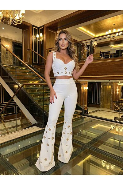 LOKADI Women's Black Eyelet Detailed Bustier and Flared Pants Set