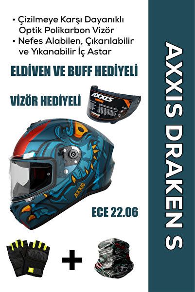 AXXIS Draken S Dinatoon C7 / Mat Mavi Full Face Motosiklet Kaskı - İntercom U...