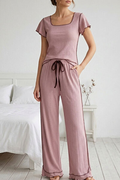 FİT WOMEN Ruffle Detail Wrinkled Fabric Short Sleeve Pajama Set 6022