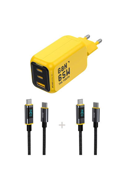 Aohi Youth 3 Portlu 65W Şarj Adaptörü, 2'li LED Ekranlı 140W Hızlı Şarj Kablo...