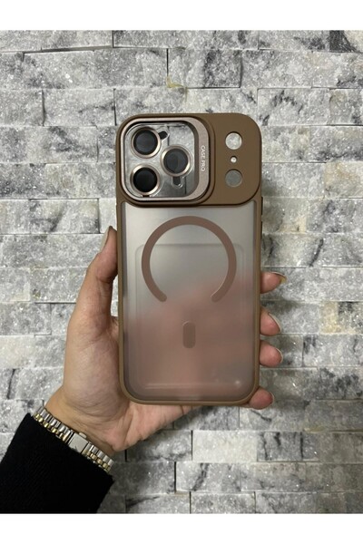 Kılıf Line iPhone 17 Pro Max Uyumlu Kahverengi MagSafe Standlı Lens Korumalı ...