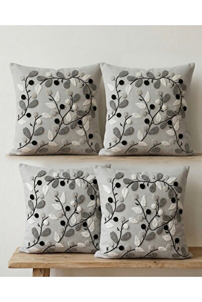 menesahome Bohemian Style Gray Botanical Patterned Punch Embroidery Look Set ...