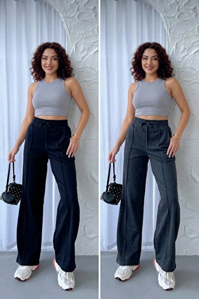 soft&basic Women's Transitional Wide Leg Elastic Waist Pocketed Black Sweatpants