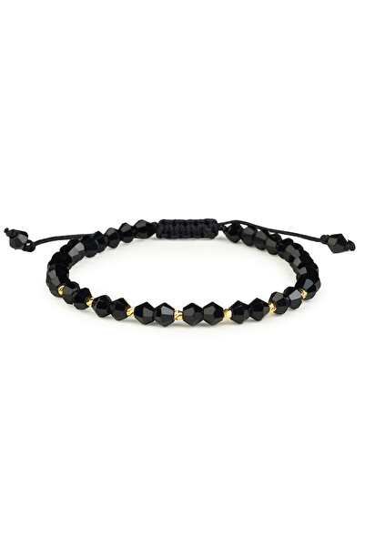 One Gold Bracelet with 7 beads 14K Gold "585" and Black Crystals, adjustable