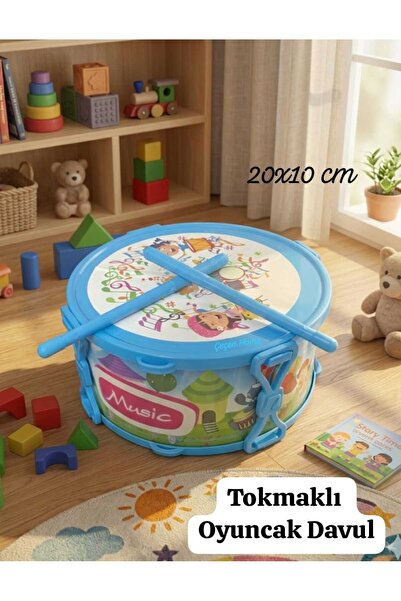 ÇEÇEN HOME (1 Adet) Desenli Plastik Çocuk Davulu Yuvarlak Mavi Tokmaklı Oyunc...