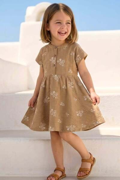 Zeyland Kız Çocuk Nakış Detaylı Düğmeli Elbise - Beige