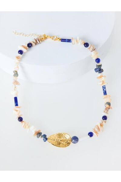 Jimmy Key Mavi Metal Yaprak Figürlü Doğal Taşlı Ayarlanabilir Kolye