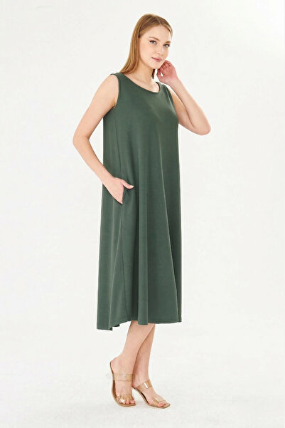 Sortie Rochie clopot guler rotund fără mâneci cu buzunare lungime midi pentru...