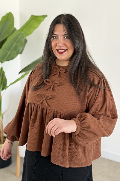 CHUL BÜYÜK BEDEN KADIN MÜSLİN FIRFIR VE KURDELE DETAYLI BLUZ