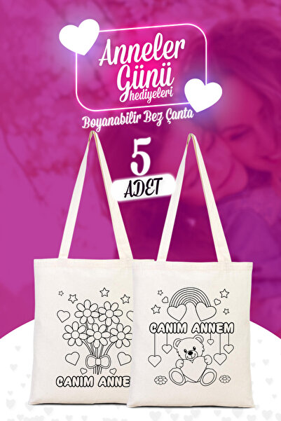 Pamusan Boyanabilir Canım Annem Ham Bez Çanta - 35x40 cm - AYICIK ÇİÇEK Desenli 5 ADET