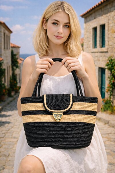 Timburly Μαύρη Ψάθινη Γυναικεία Τσάντα Ώμου Μεσαίου Μεγέθους με Κάλυμμα σε Χρ...