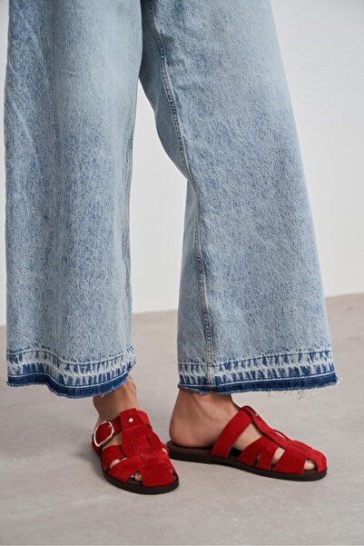 NİŞANTAŞI SHOES Lenox Red Genuine Suede Belt Detail Flat Sole Women's Slipper